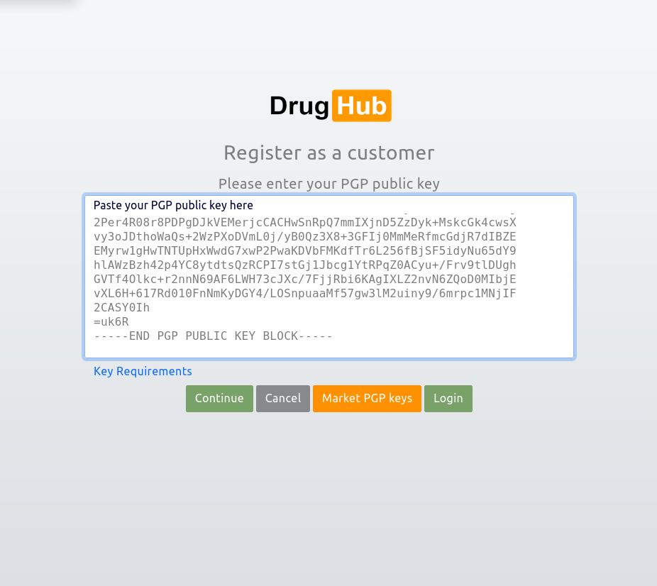 Drughub interface showing the mirror navigation and address display in Tor Browser